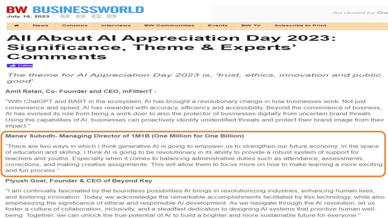 Al Appreciation Day  - Coverage of 1M1B in Business World - July 16 2023