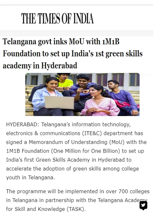 Telangana govt inks MoU with 1M1B Foundation to set up India's 1st green skills academy in Hyderabad