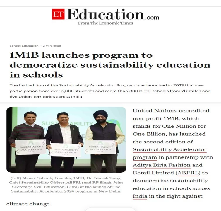 1M1B and ABFRL - Sustainability Accelerator program 2024 in Economic Times- ET Education - Feb 29 2024