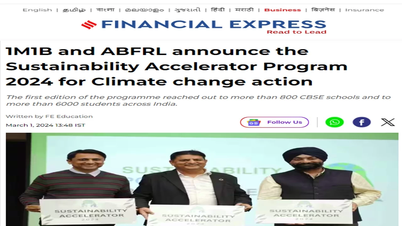Coverage of 1M1B and ABFRL - Sustainability Accelerator program 2024 in Financial Express  - Mar 1 2024
