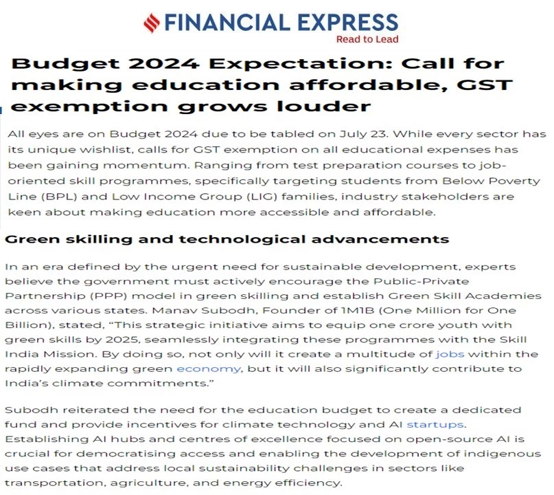 Coverage of 1M1B in Financial Express ( Pre-Budget Expectations article)